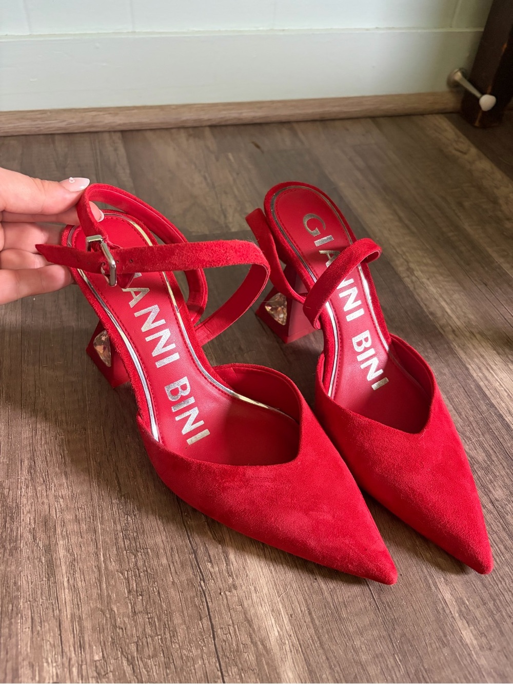 Gianni Bini Red Suede Pointed Slingback Heels with Jewel Accent